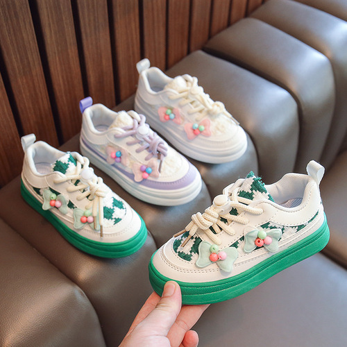 Girls sneakers 2024 spring and autumn new children's shoes Korean style cute little flower candy bow children's casual shoes