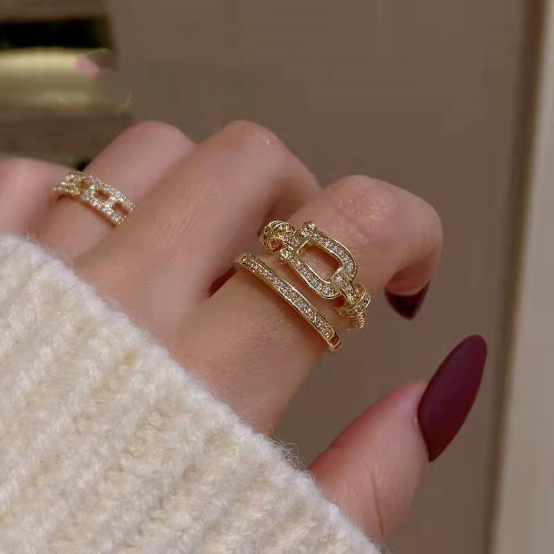 韩国超美法式轻奢满钻微镶皮带扣开口可调节戒指女优雅锆石食指戒