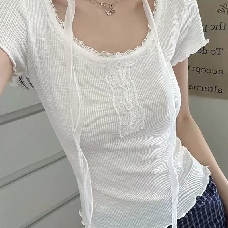 Slim-Fit Lace-Trimmed Fabric T-Shirt for Women, Short Top with Ruffled Edges, Original U-Shaped Silk Scarf in Off-White and Light Blue