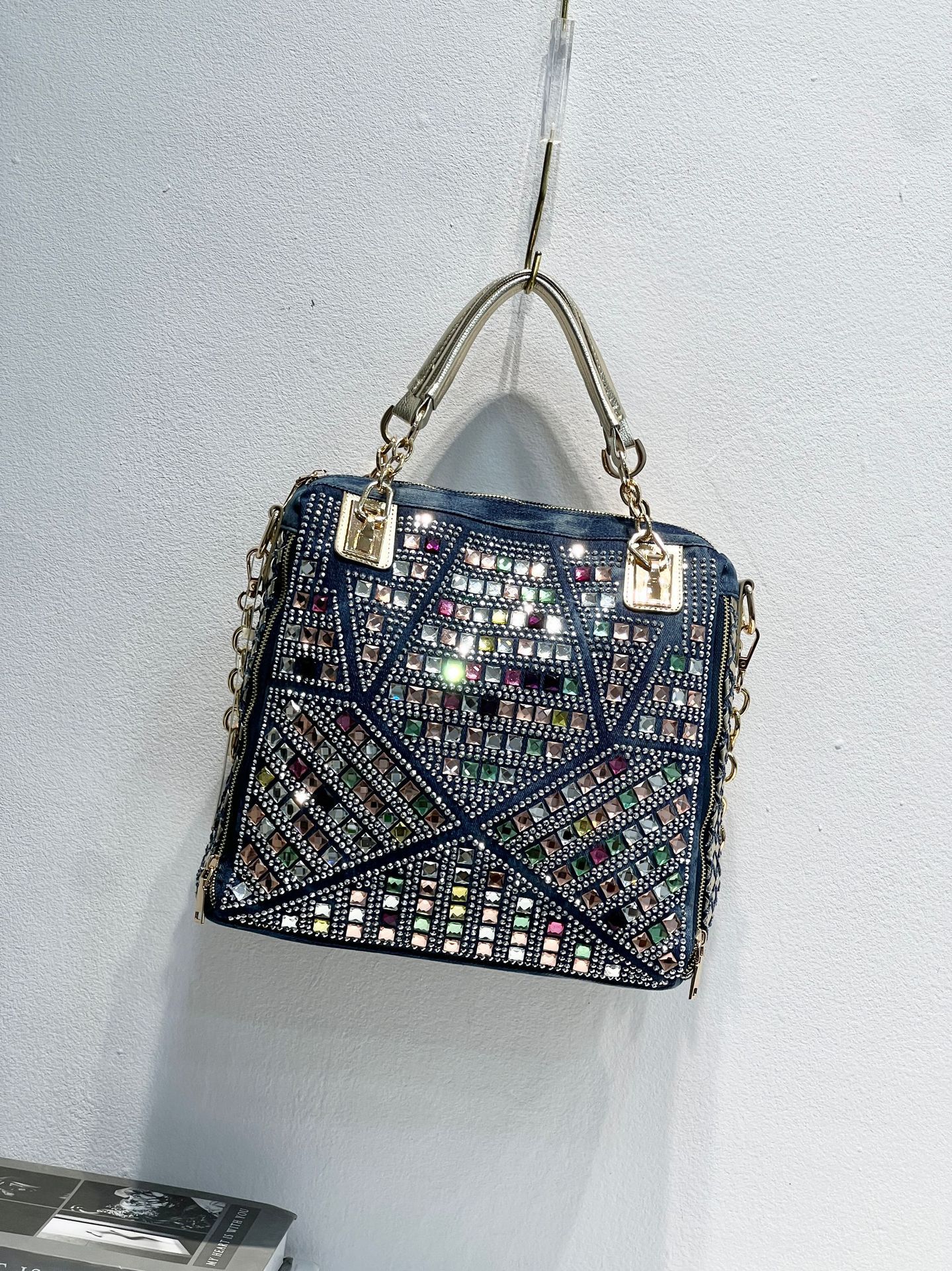 24 nuevos bolsos de mujer de moda tejida europea y americana, bolso de mezclilla de diamantes calientes, bolso de hombro de mensajero de viaje de gran capacidad con diamantes