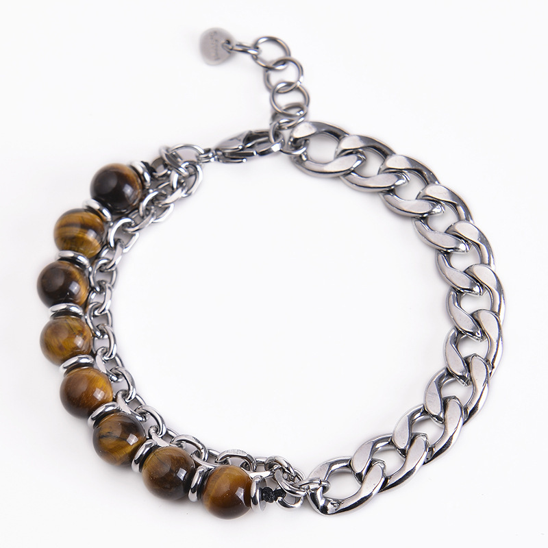Cross-border European and American Hot Sale Stainless Steel Men's Bracelet Double Layer Tiger Eye Bracelet Natural Stone Beaded Chain Bracelet