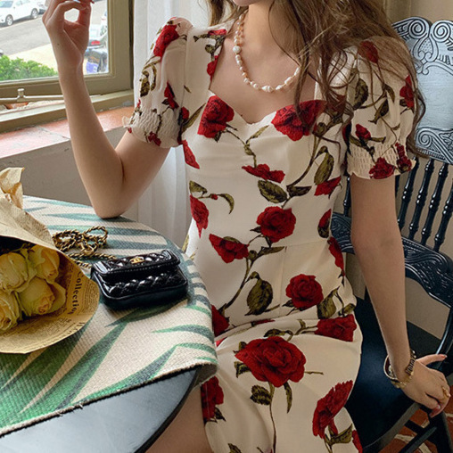 欧美新款泡泡袖方领雪纺裙法式旗袍休闲夏季甜美性感修身显瘦辣妹