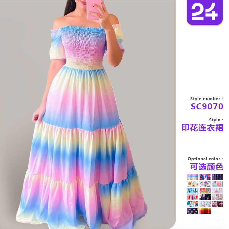 2025 cross-border new spring and summer European and American women's dress off-shoulder floral fashion off-shoulder long printed skirt