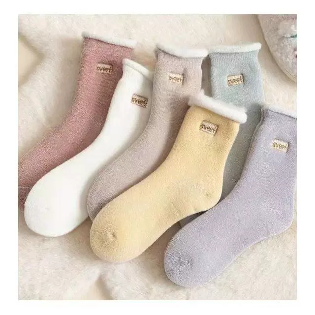 提花sweet冬天加绒加厚保暖地板女士中筒袜棉袜纯色日系袜