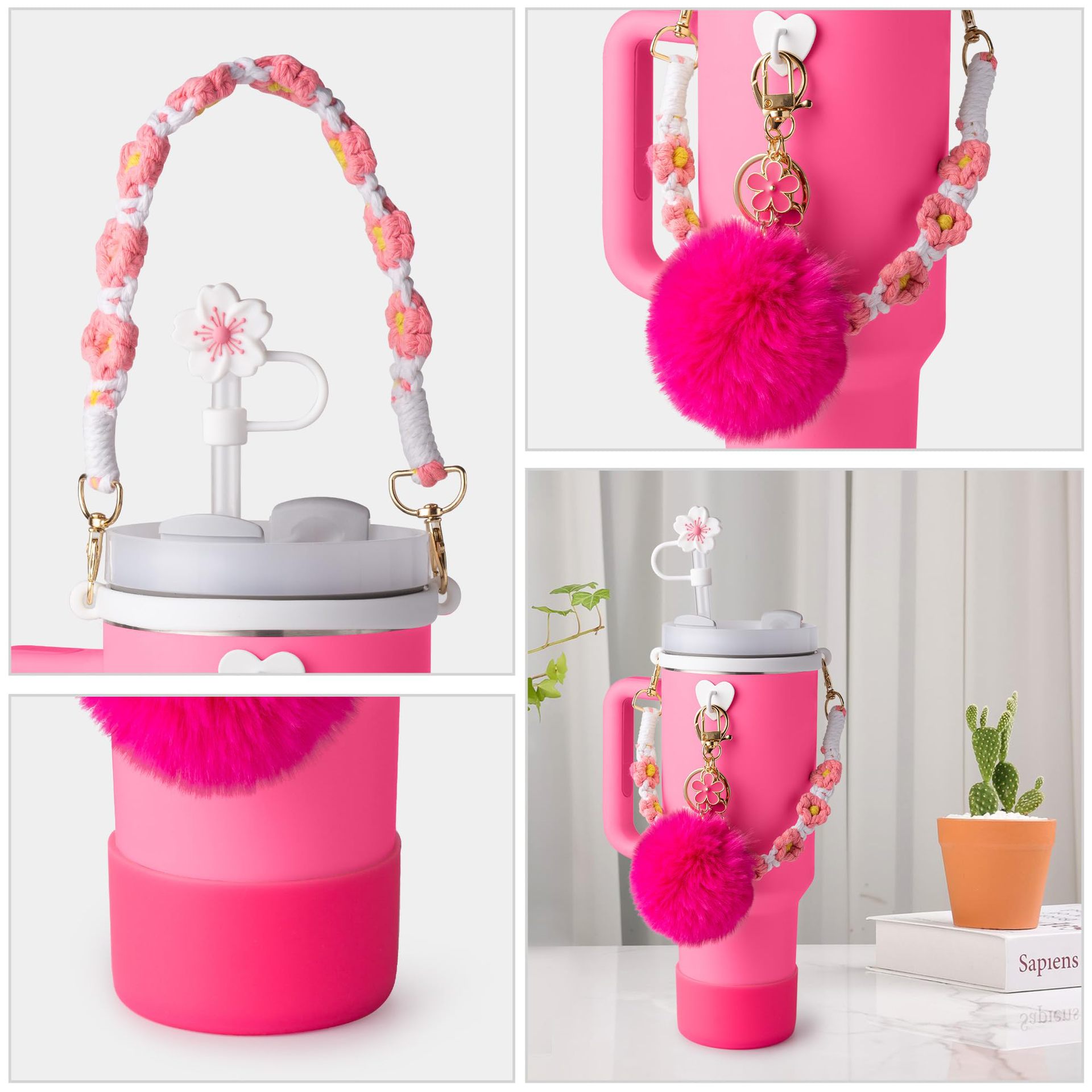 Hot sale 7 piezas Stanley Cup Flores gorra de paja amor llavero colgante de pelo de silicona copa cubierta cuerda