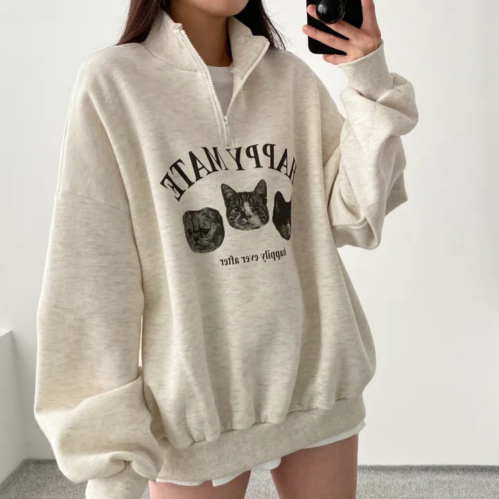 3-color thickened plus size top Korean style cute fleece-lined zipper sweater women's thin loose spring, autumn and winter 2024