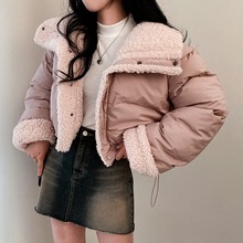 现货韩国新chic秋冬加厚保暖正反面两穿短款立领羊羔毛外套棉服女