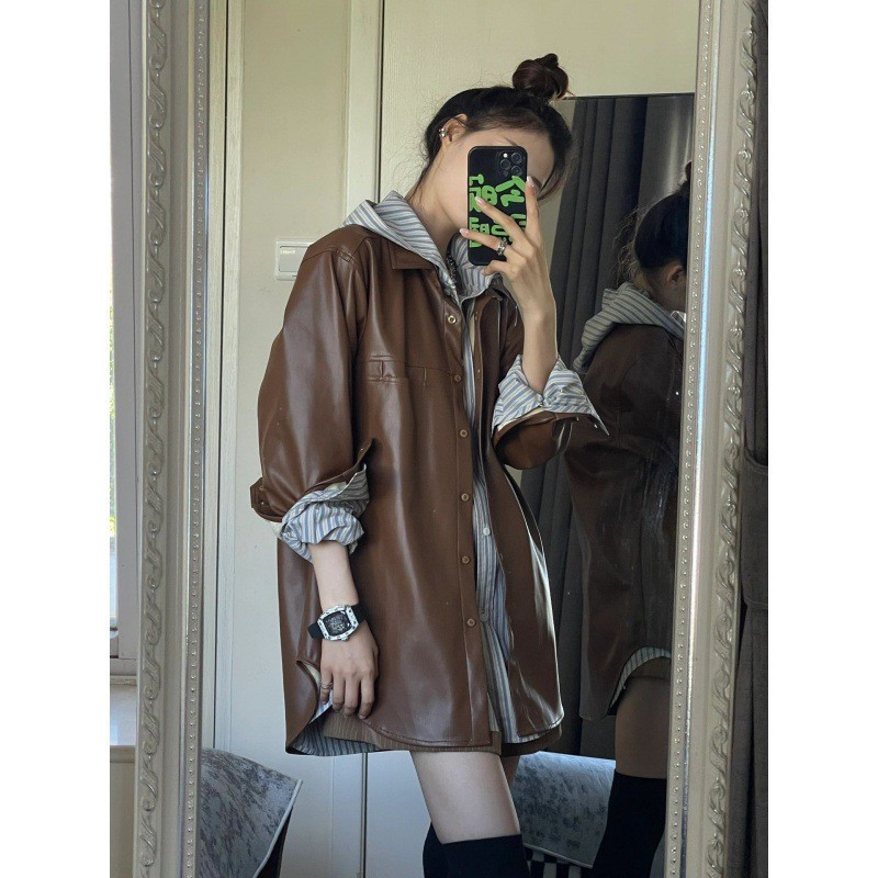 American Retro Jacket, Motorcycle Jacket, Women's Autumn and Winter Loose Leather Jacket + Hooded Shirt, Two-Piece Set Wholesale