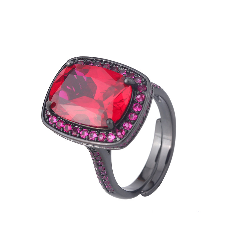 Zhuang Shengsheng Jewelry Fondo de cobre chapado en oro simulación corindón rojo cristal puntiagudo azul temperamento cuadrado gordo traje de oro negro mujer 10*14