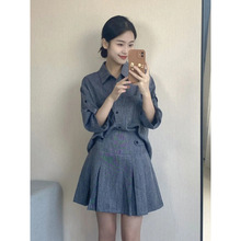 山力达迪 感牛仔套装女短袖衬衫上衣夏季新款百褶半身裙