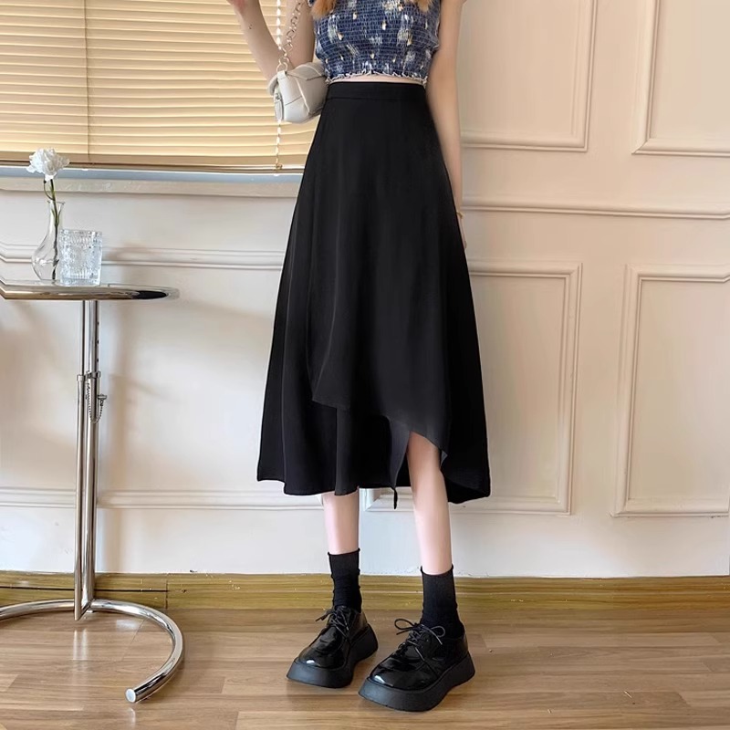 Black irregular skirt women's spring high waist A- line midi skirt Hepburn skirt 2024 New umbrella skirt bag skirt