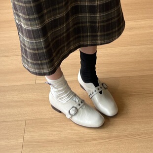 Cowhide Version Vintage Rivet Belt Buckle All-match Single-layer Shoes Women's Round Toe Thick Heel with Deep Mouth Mary Jane Small Leather Shoes