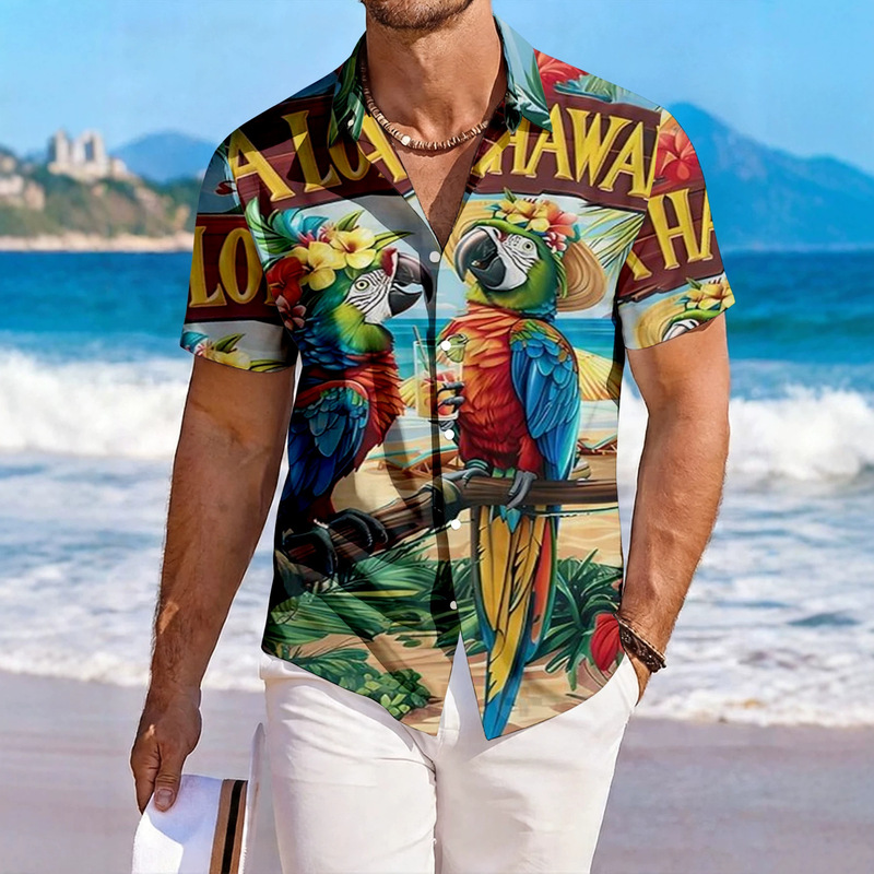 Men's Short Lapel Shirt Parrot Print Polyester Breathable for Vacation Summer Men's Short Lapel Shirt Parrot Print Polyester Breathable for Vacation Summer
