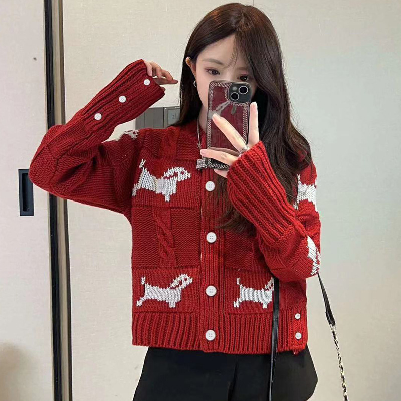 tnom biowhe tb puppy intarsia round neck twisted knitted cardigan women's fashion small fragrant style short wool sweater