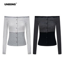 UNBDNS一字肩假两件条纹撞色高级感长袖上衣修身显瘦T恤打底衫女