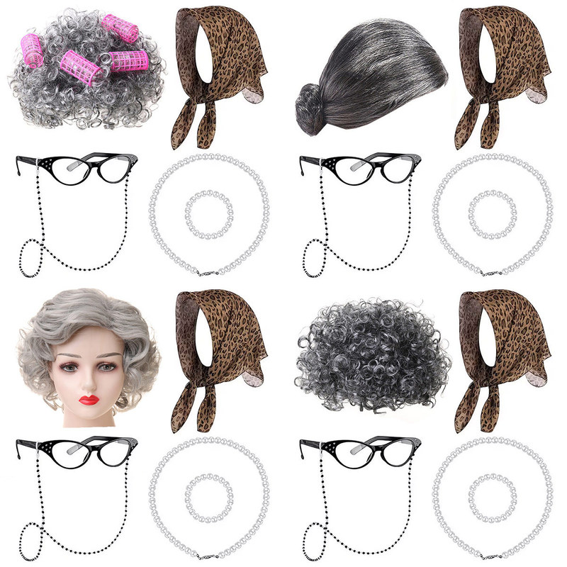 Halloween Cosplay Old Lady Wig Set with Curly Hair and Leopard Print Headscarf for Middle-Aged and Elderly Women Halloween Cosplay Old Lady Wig Set with Curly Hair and Leopard Print Headscarf for Middle-Aged and Elderly Women