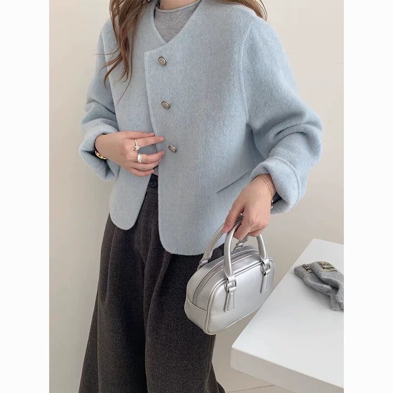 2026 Women's Short Cashmere Coat in Macaron Colors, Elegant Korean Style with Round Collar 2026 Women's Short Cashmere Coat in Macaron Colors, Elegant Korean Style with Round Collar