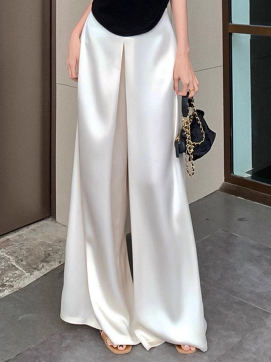 Women's Fashion Satin White Wide Leg Pants High Waist Straight Leg Floor Length Trousers Early Spring Style_ecoleips.com