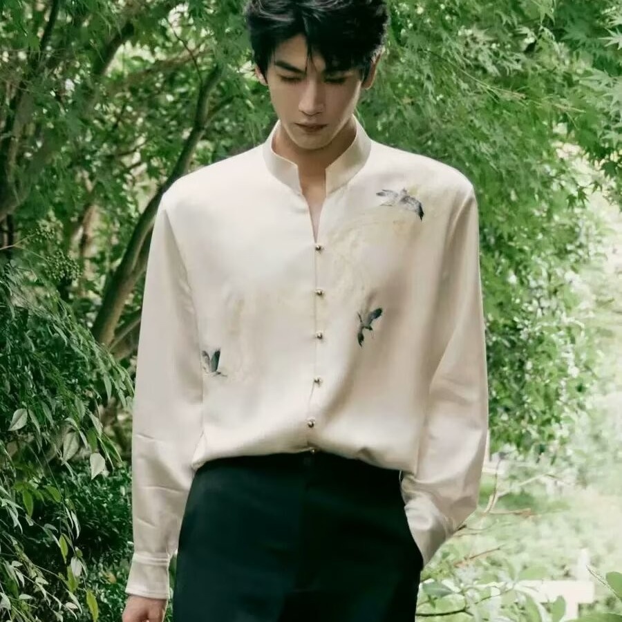 Men's Engagement Tunic New Chinese Style Long-Sleeved Shirt Light National Style Embroidered Jacket Spring and Summer National Trend Stand-Up Collar Apricot Shirt