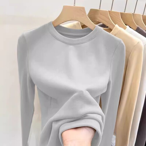 High-quality large round neck ribbed velvet base shirt for women, slimming, long-sleeved, versatile top