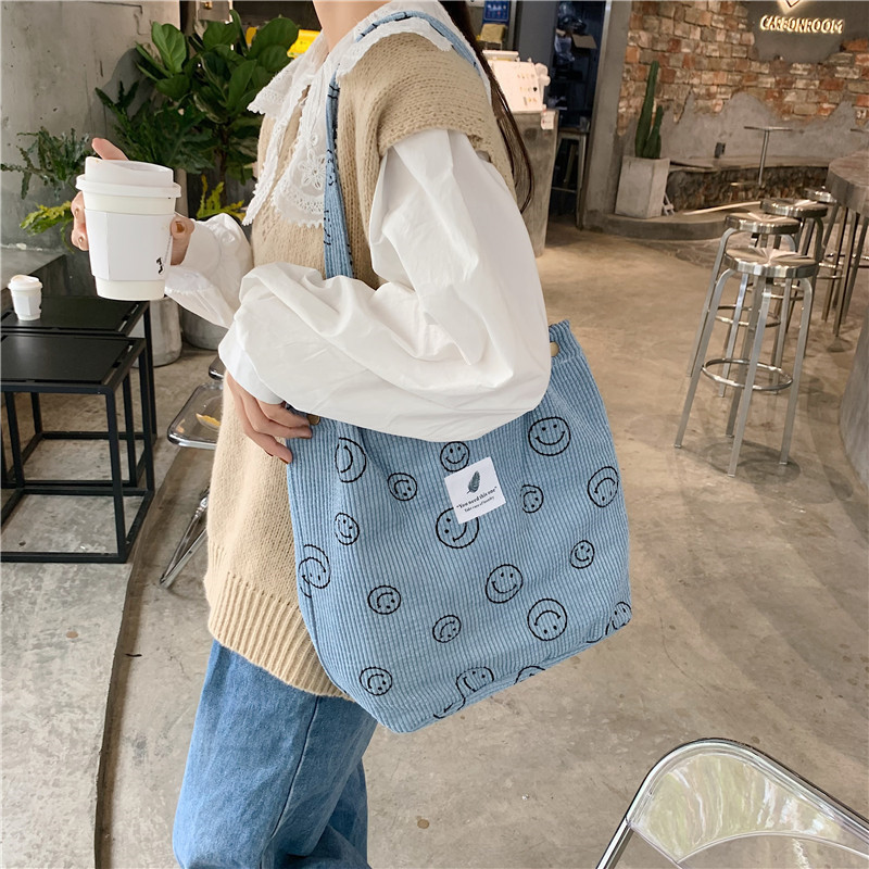 012174 Retro corduroy smiley shoulder tote bag for female students attending class canvas bag simple handbag bag