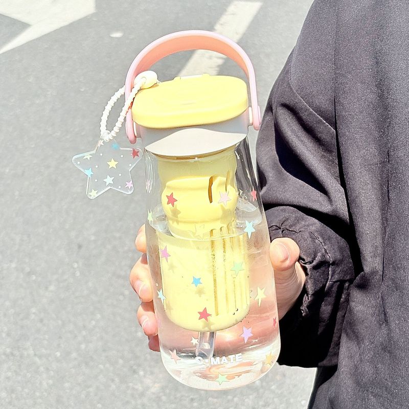 見た目の良い女の子向けのかわいい高ホウケイ酸ガラスカップ、ダブルストローカップ、茶水分離フラワーティーカップ、学生ウォーターカップ|undefined