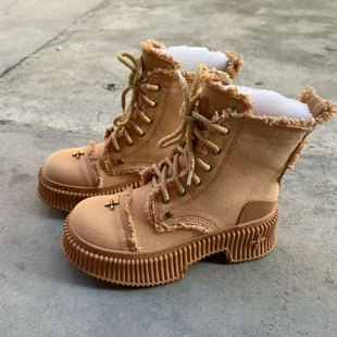 SMFK Cruckle Black and White Contrast Martin Boots Thick Sole Increased Slimming Vegetable Tanned Leather Ankle Boots Shoes