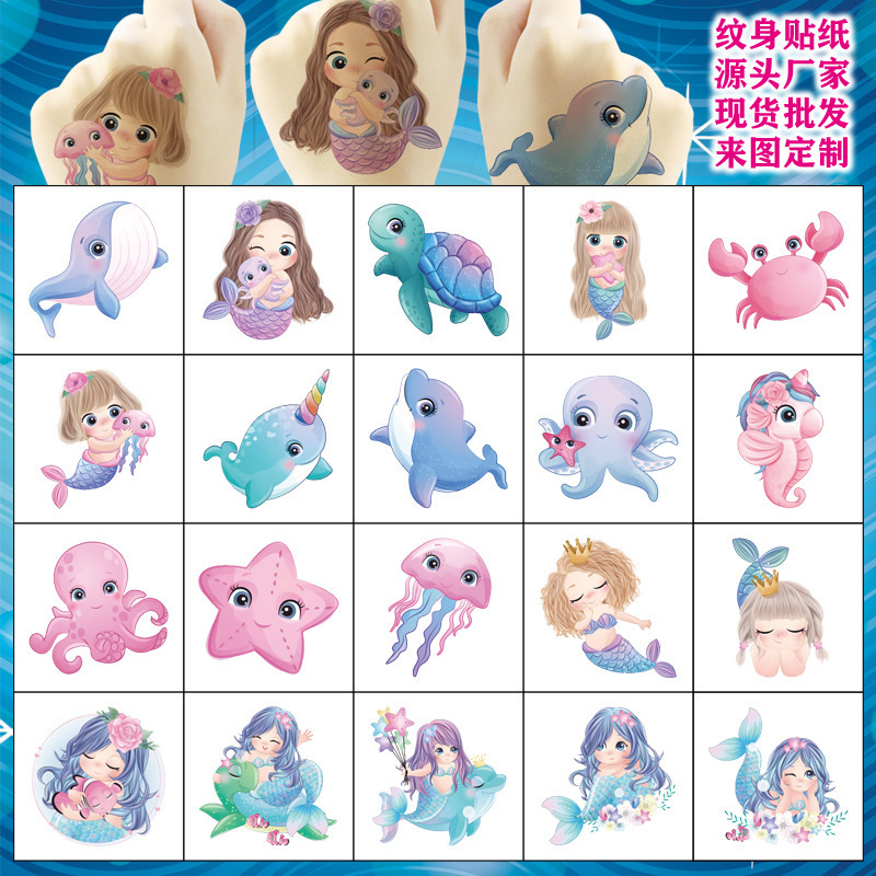 5X5Cm Mermaid Dolphin Seahorse Whale Tattoo 20 Cute Tattoo Stickers Water Transfer Disposable Tattoo Stickers
