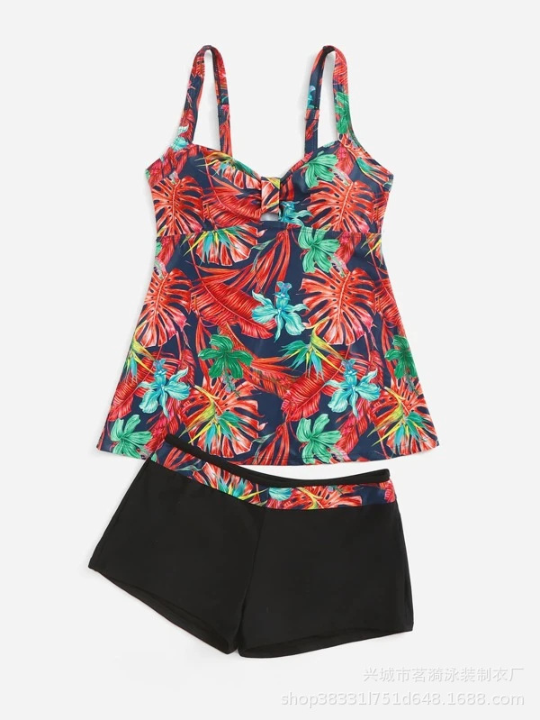 Mingyi nueva impresión multicolor europea y americana tangini conservador moda vestido grande pantalones de pierna plana traje de baño de dos piezas para mujer