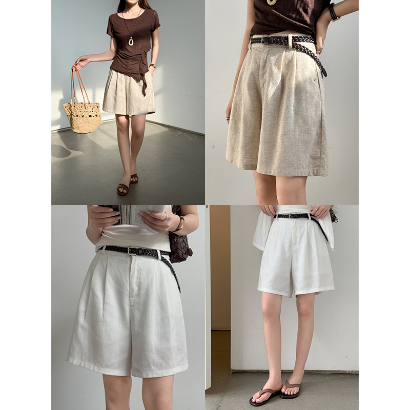 【Linen Tencel Five-Point Pants】Geming Back Elastic Waist Casual Five-Point Pants Summer A-Line Shorts for Women Ag339