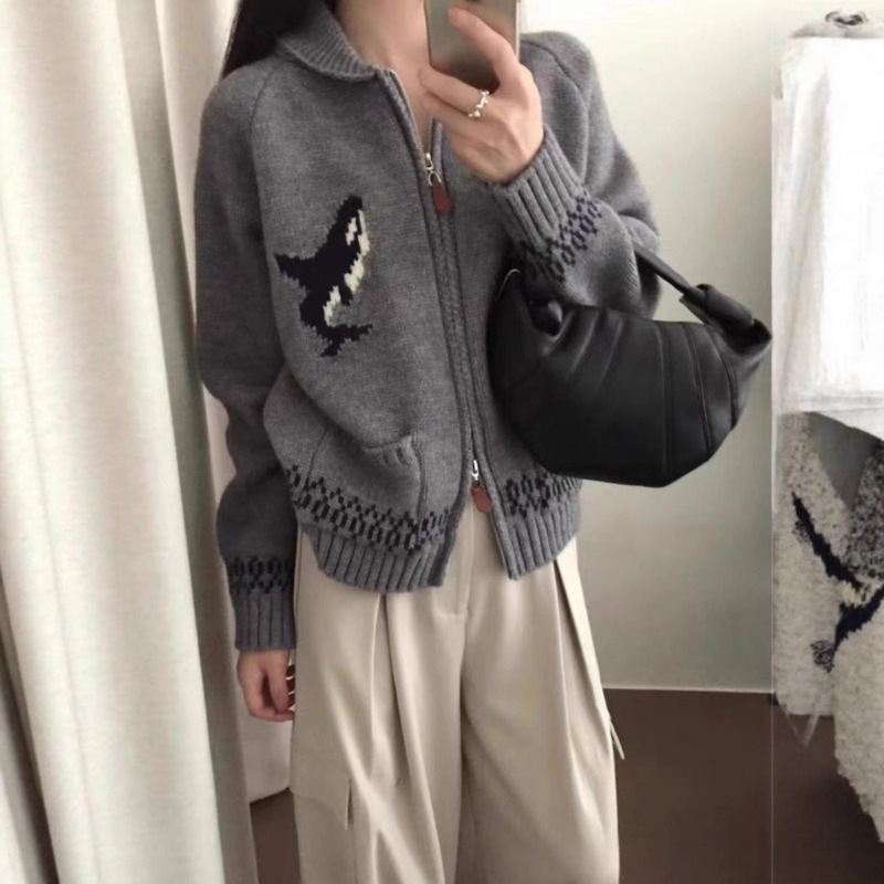 Korean Style Zipper Lapel Jacquard Sweater Jacket Women's Autumn and Winter New Cross-Border Loose Casual Knitted Cardigan Top Korean Style Zipper Lapel Jacquard Sweater Jacket Women's Autumn and Winter New Cross-Border Loose Casual Knitted Cardigan Top