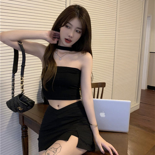Hot girl halter neck camisole women's summer  new style inner and outer wear black slimming pure lust style short top
