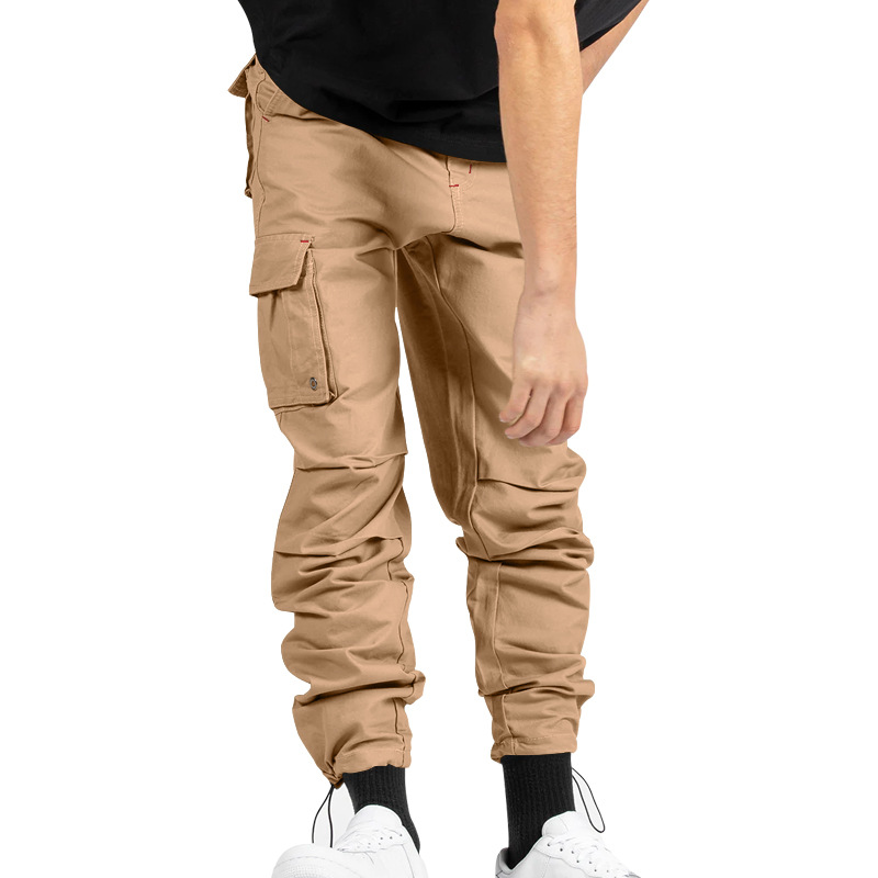 Herrenbekleidung Gewebte Stoffhose mit Kordelzug und mehreren Taschen, einfarbig, lässige Arbeitshose_voghion.com