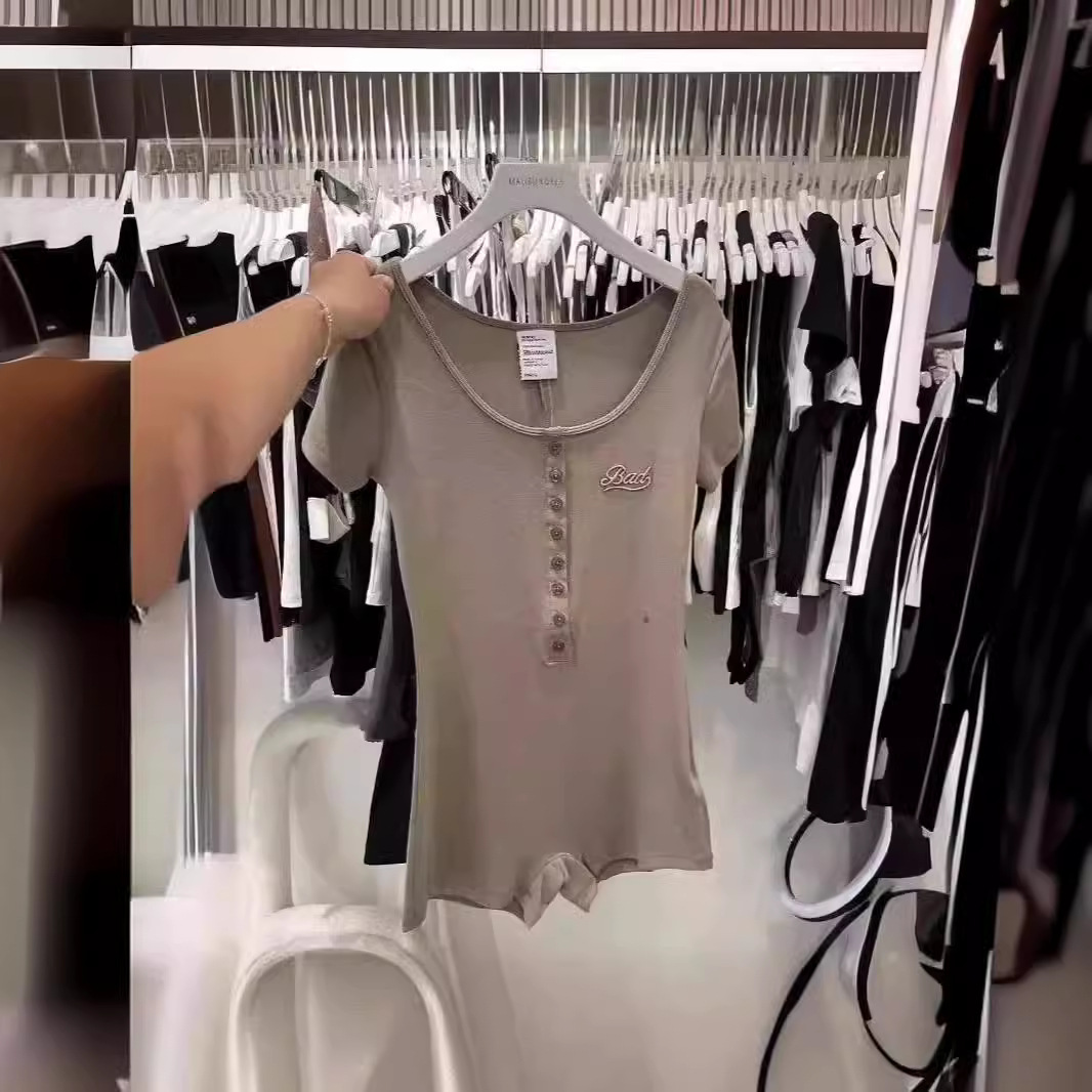 in stock Badbloood Spice Buttons All-in-one Women's American Style Vintage Embroidered LOGO Slim-fit Short-sleeved All-in-one 3