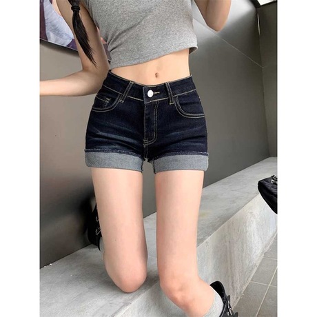 深蓝设计感卷边牛仔短裤女2025夏季高腰弹力大码紧身包臀a字热裤