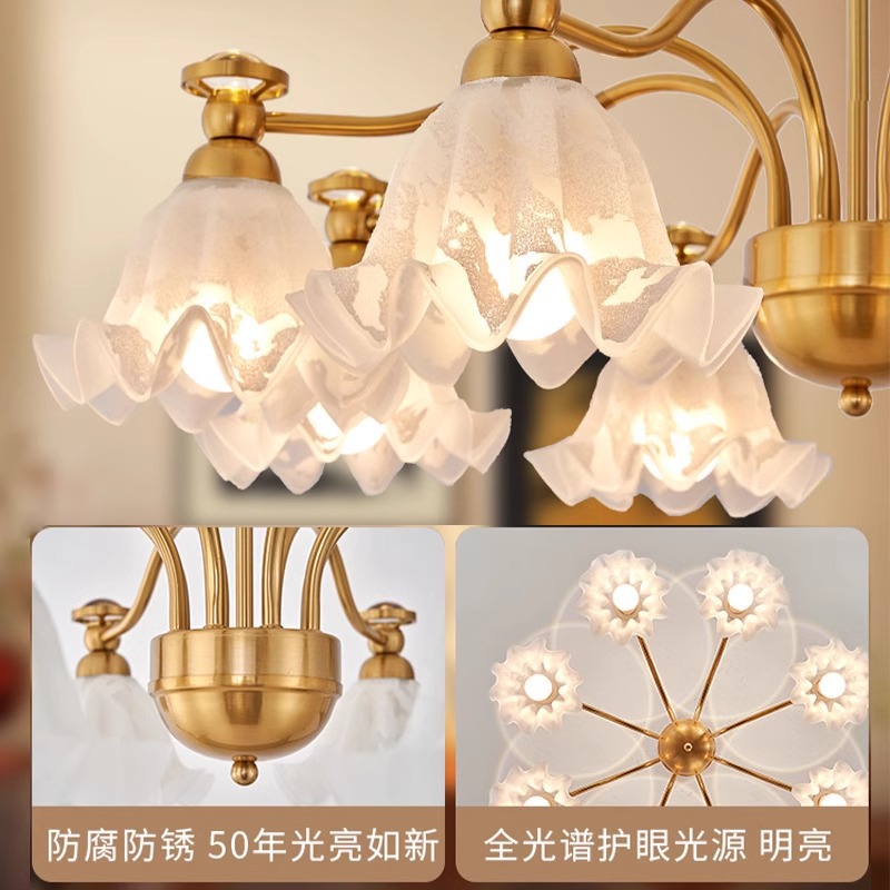 Araña de sala de estar francesa, creatividad personalizada, crema medieval, lámpara de flor cálida, lámpara de protección ocular de proyección de espectro completo para dormitorio