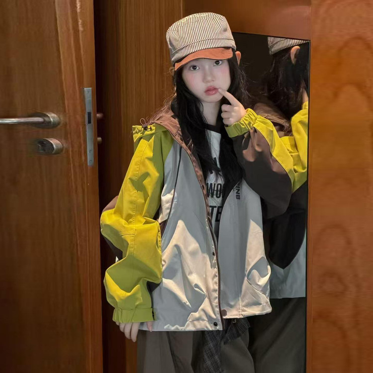 Girls' Fashionable Color-Block Outdoor Jacket, Women's Spring Loose-Fit Hooded Windbreaker, Versatile Casual Coat