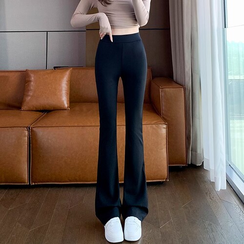 Women's High-Waisted Black Bell-Bottom Trousers with a Mini-Horseshoe Design, Suitable for Petite Figures, Summer and Autumn Thin Version