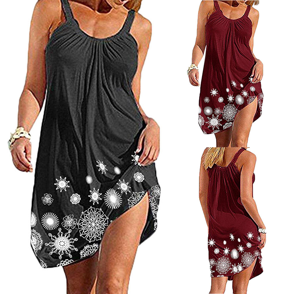 外贸货源 2022欧美女装亚马逊ebay 吊带印花褶皱宽松中裙连衣裙女