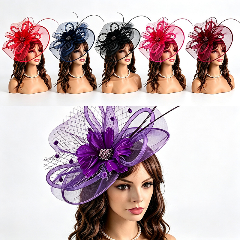 Amazon's new wedding feather hair accessory, mesh headpiece, vintage elegant horse racing festival hat, head flower, manufacturer wholesale