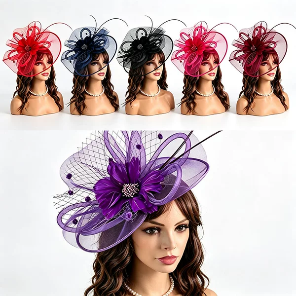 Amazon's new wedding feather hair accessory, mesh headpiece, vintage elegant horse racing festival hat, head flower, manufacturer wholesale