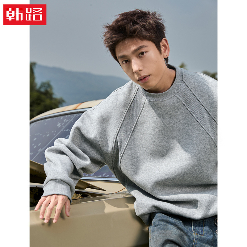 스페이스 코튼 패치워크 헤비웨이트 라운드넥 스웨트셔츠 가을 트렌디 브랜드 스포츠 박시핏 풀오버 캐주얼 자켓
