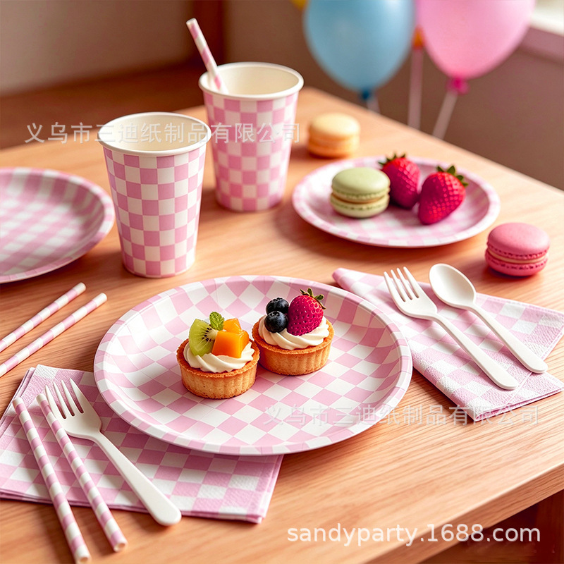 New disposable pink checkered pizza round paper plates, paper cups, and paper napkins set for holiday parties New disposable pink checkered pizza round paper plates, paper cups, and paper napkins set for holiday parties