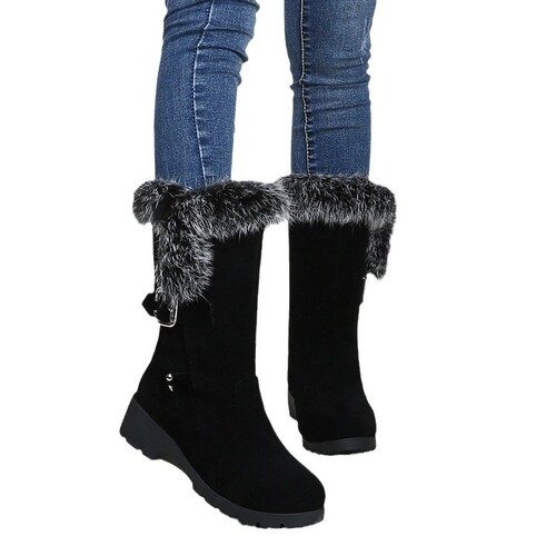 Winter Rabbit Hair Student Cotton Boots with Platform Snow Boots for Women, Belt Buckle Mid-Calf Boots, Large Size