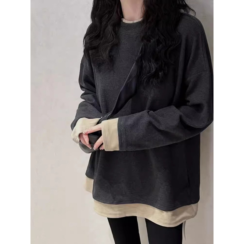 Fake Two-Piece Long-Sleeved T-Shirt for Women in Autumn and Winter, German Velvet Bottoming Shirt, Loose Velvet Inner Layer, Mid-Length with Shark Pants Top