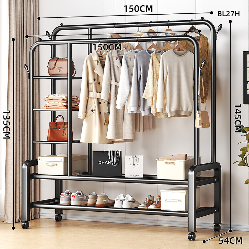바퀴 달린 150cm 블랙 [양방향 행거 * 측면 수납망 + 2단 선반] 4개 걸이