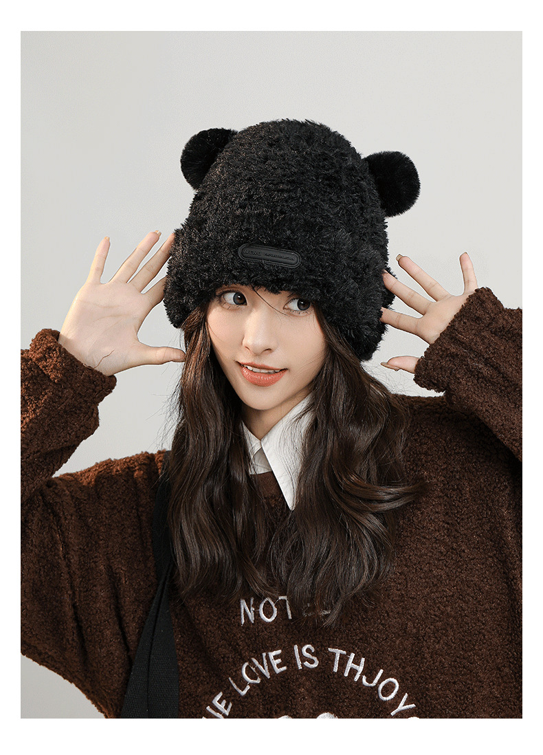 Herbst- und Wintermützen für Damen, süße Fleece-Wintermütze, verdickter warmer Gesichtshut, kleine kältebeständige Plüsch-Strickmütze aus Wolle_voghion.com