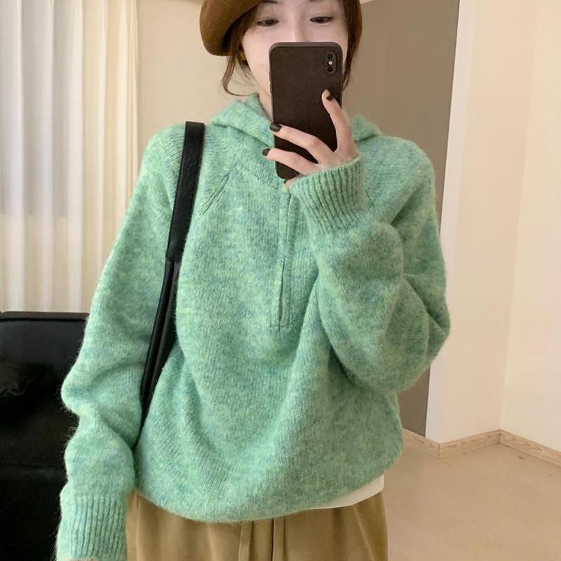 设计感半拉链套头连帽毛衣女秋冬新款韩系宽松纯色软糯气质针织衫|undefined