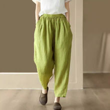 古咖服饰2025夏苎麻双层小脚裤松紧腰宽松显瘦哈伦裤纯色气质麻裤