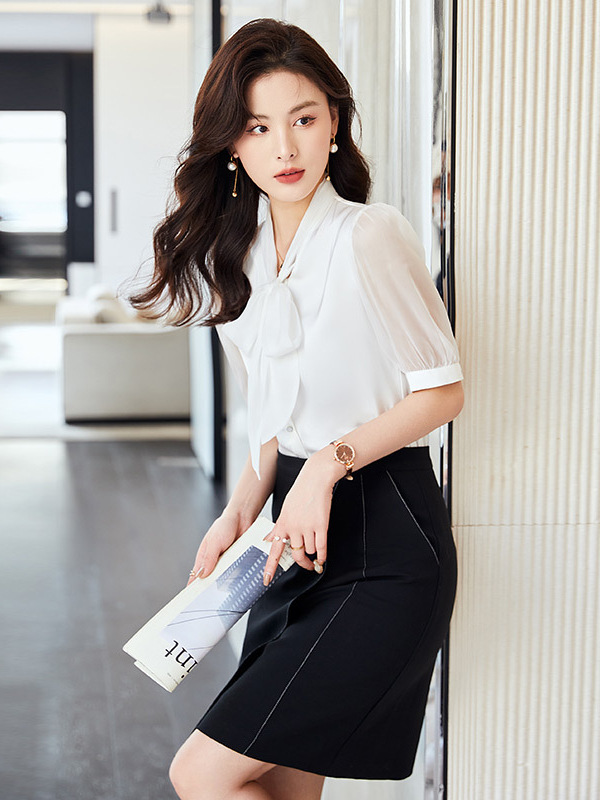 shiffon professional white summer elegant shirt with bow